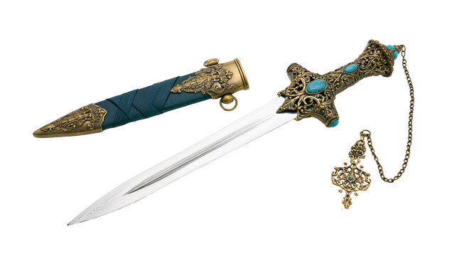 Ornate Dagger with Decorative Scabbard and Jeweled Hilt