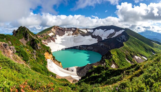 Panoramic view of a turquoise lake nestled in a volcanic caldera