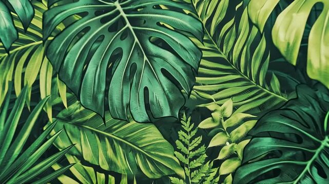 Panning shot of tropical leaves swaying and overlapping across dense jungle wall backdrop with close up reveal of monstera and palm foliage in warm summer light, calm mood