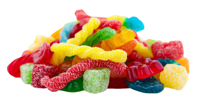 Assorted colorful gummy candies pile, sour sugar coated worms and jelly shapes