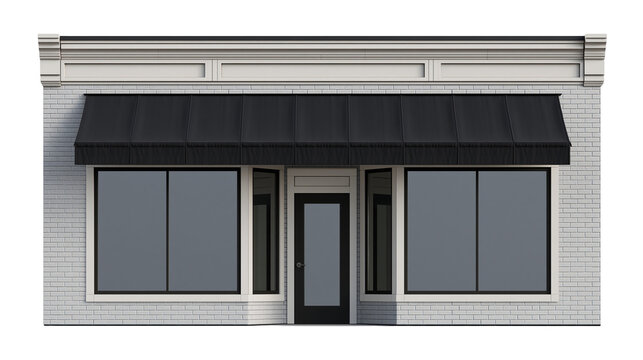 Commercial storefront with black awning and large windows