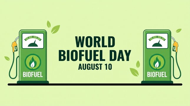 World biofuel day august 10 with biofuel pumps and green leaves, green energy