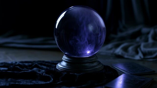 Crystal ball with swirling smoke on dark fabric. Fortune teller divination tool used for Halloween celebration. Mystical object predicting future in dark environment.