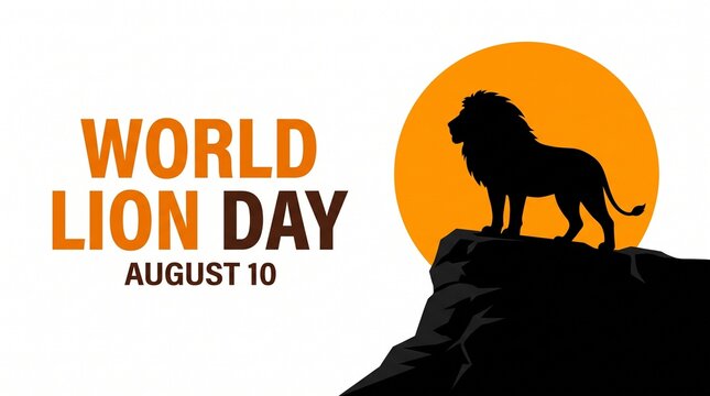 World lion day august 10 celebration with lion silhouette on rock and orange
