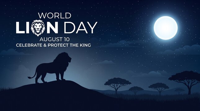 World lion day celebration with a lion standing on a rock under a full moon