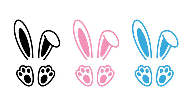 Colorful bunny ears and paw prints illustration featuring three sets in black, pink, and blue minimalist Easter design