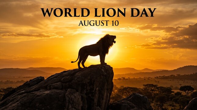 World lion day august 10th with lion silhouette on rock at sunset, silhouette
