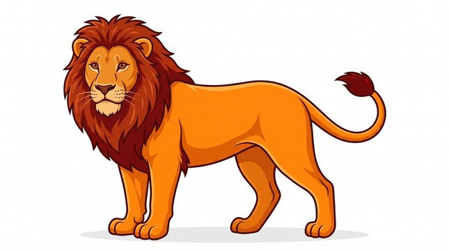 Cartoon lion standing on all fours with a bushy tail and a proud expression