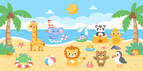 Cartoon Illustration Of Animals On A Beach With Palm Trees © Milton