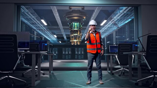 Full Body Of Angry Asian Male Engineer With Safety Helmet Shouting At Someone While Standing at Futuristic Quantum Computer Data Center Control Room
