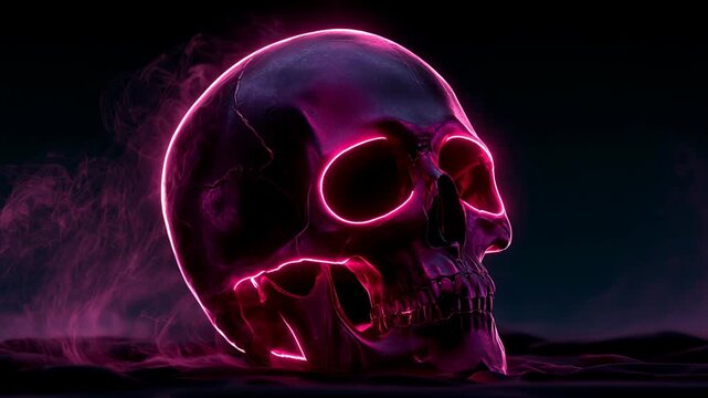 Human skull glowing with pink neon light in dark fog for Halloween. Spooky skeleton head with cinematic lighting and smoke. Artistic horror background concept.