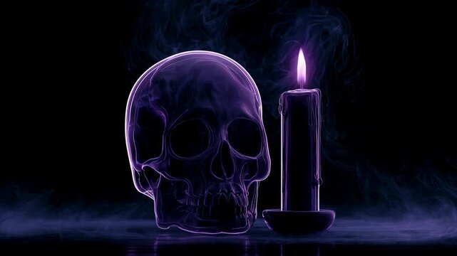 Glowing human skull next to a burning candle surrounded by swirling violet smoke. Dark still life for Halloween concept. Mystical ritual and occult tradition.