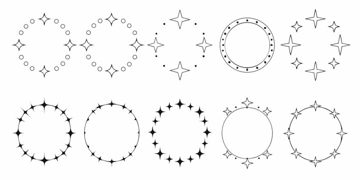 Collection Of Circular Star Frames Black And White Vector Illustration