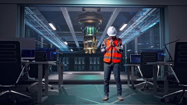 Full Body Of Asian Male Engineer With Safety Helmet Pray For Something While Standing at Futuristic Quantum Computer Data Center Control Room