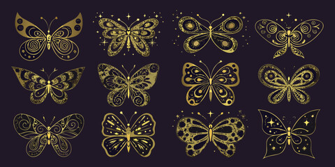 Golden Butterfly Illustrations Decorative Vector Art On Dark Background © Milton