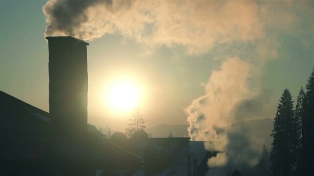 Backlit rooftops and chimneys release thick smoke or steam into cold morning air as the low sun glows through haze with dark conifer trees in the background