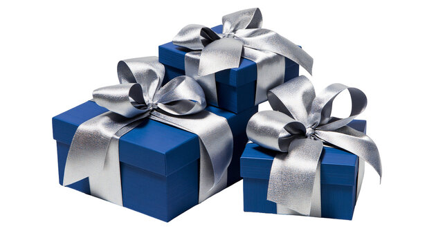 Stack of blue gift boxes with silver ribbons