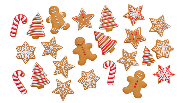 Christmas gingerbread cookies assortment candy canes snowflakes trees, gingerbread men