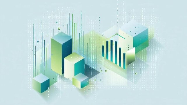 Abstract Isometric 3D Data Visualization with Blue and Green Blocks Representing Financial Growth and Digital Cloud Computing
