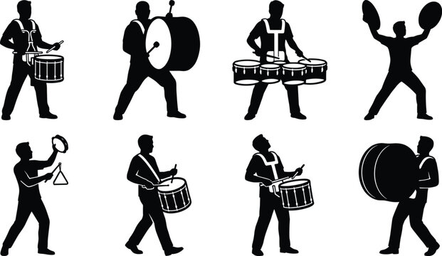 Marching Band Percussion Musicians Silhouette Collection with Drummers Cymbal Player and Drumline Performers