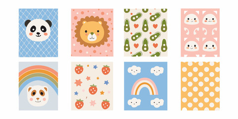 adorable pastel colored nursery wall art collection featuring animals and patterns panda lion rabbit avocado strawberry clouds © Debashis