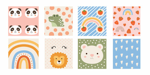 pastel colored nursery wall art collection featuring cute animals and rainbows panda crocodile lion rabbit strawberry pattern © Debashis