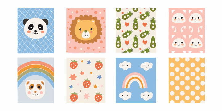 adorable pastel colored nursery wall art collection featuring animals and patterns panda lion rabbit avocado strawberry clouds