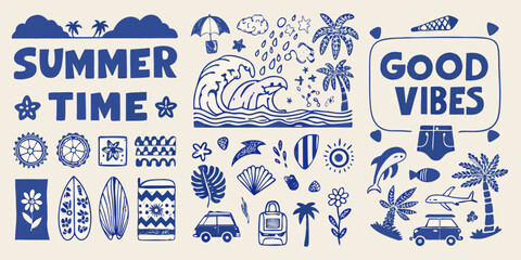 summer surf and beach illustration set in blue line art waves palm trees surfboards car dolphin fish © Debashis