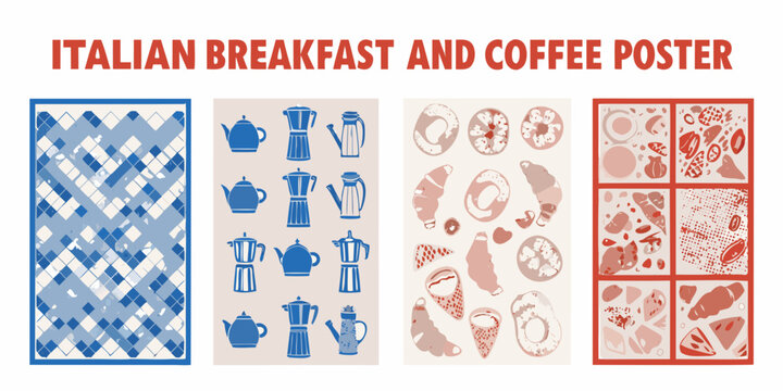italian breakfast and coffee poster with retro vector illustrations espresso machine croissant pattern blue argyle red frame