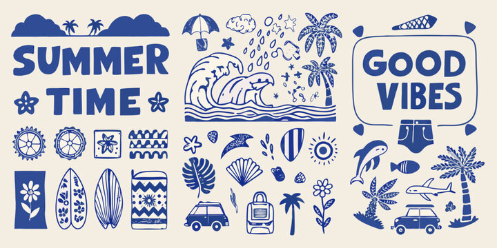 summer surf and beach illustration set in blue line art waves palm trees surfboards car dolphin fish