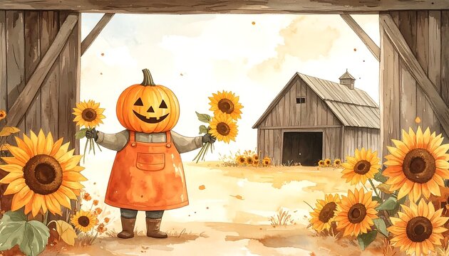 Cute pumpkin head character holding sunflowers at a rustic farm barn.