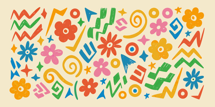 hand drawn abstract pattern with colorful flowers and geometric shapes zigzag lines spiral designs star motifs triangle