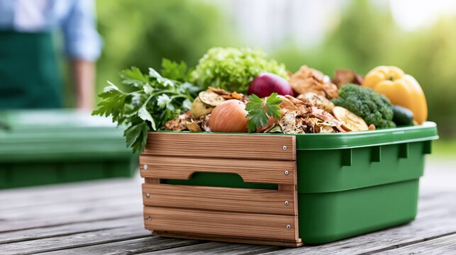 Sustainable composting bin filled with organic kitchen scraps and fresh vegetables for garden enrichment