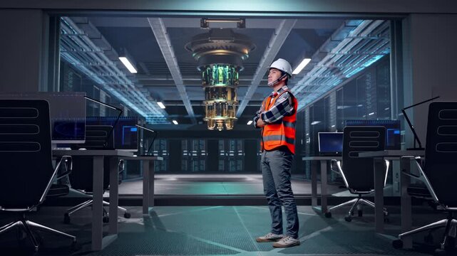 Full Body Side View Of Asian Male Engineer With Safety Helmet Crossing His Arms And Looking Around While Standing at Futuristic Quantum Computer Data Center Control Room