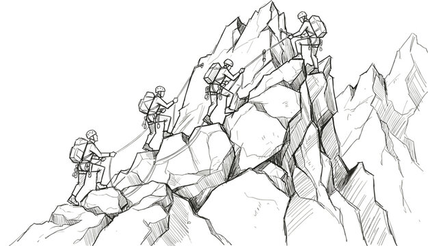Hand drawn mountain climbers team climbing rocky peak with safety ropes helmets and backpacks outdoor adventure sketch vectors