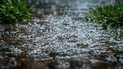 Fototapeta premium Raindrops splashing in a puddle on muddy ground close up, monsoon extreme weather
