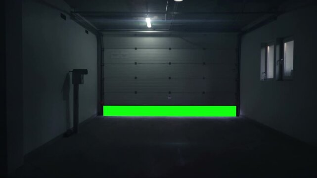 Inside a dim empty garage, a rolling shutter door opens upward while a bright green chroma screen panel rises into view beneath the doorway for replacement footage