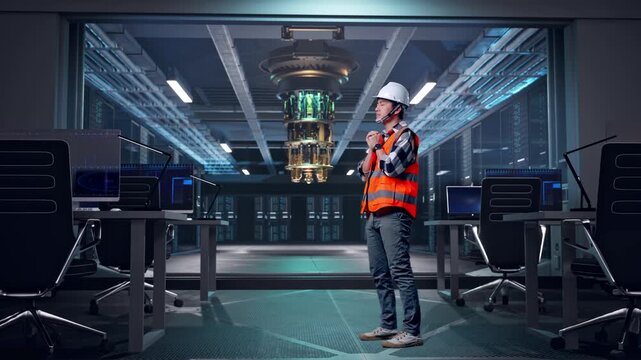 Full Body Side View Of Asian Male Engineer With Safety Helmet Pray For Something While Standing at Futuristic Quantum Computer Data Center Control Room