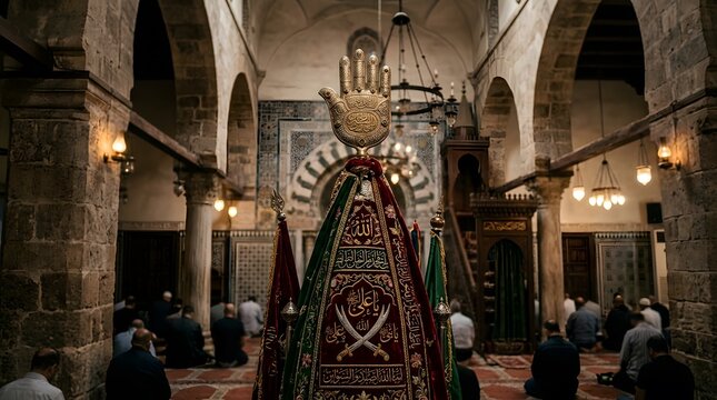 Historical islamic relics displayed in ancient mosque interior jerusalem