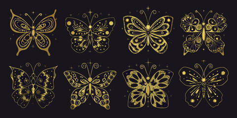 Golden butterflies vector illustration set against a dark background © Shahabuddin