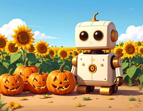 Cute Robot Exploring a Sunny Sunflower Field with Jack O Lantern Pumpkins.