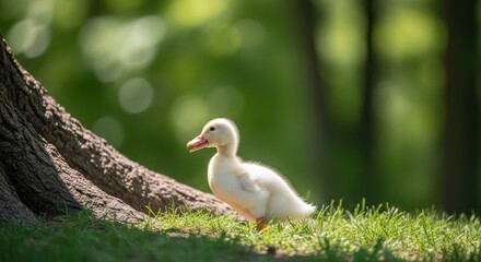 Obraz premium Yellow duckling standing on green grass in spring park.