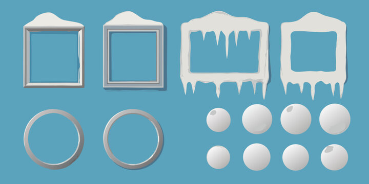 Snow covered frames rings and pebbles vector illustration on teal background