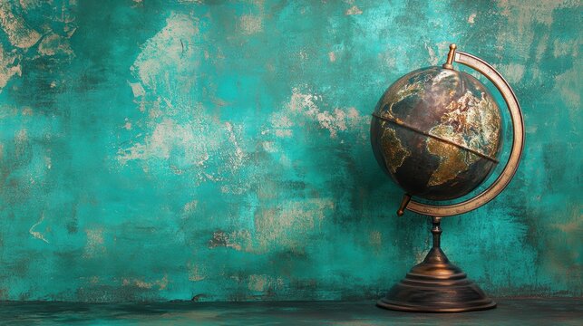 Vintage globe on teal textured background.