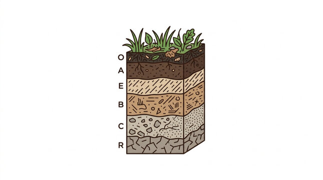 Cross section of soil layers showing different horizons and vegetation.