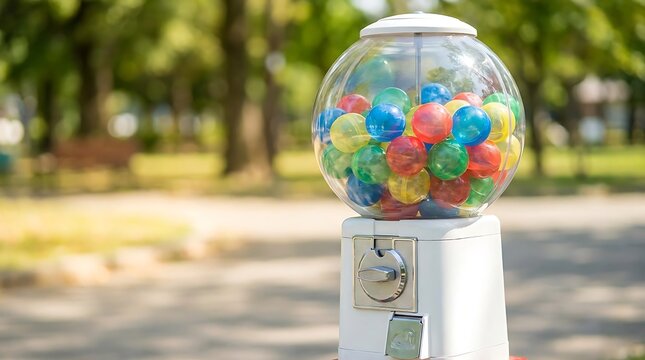 A classic colorful gumball machine standing outside in a park with green trees and soft natural summer sunlight