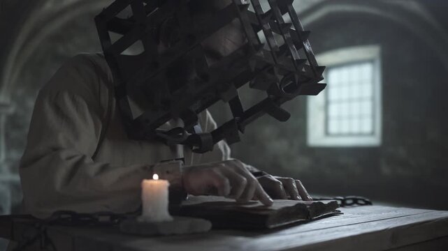 Medieval prisoner with an iron head cage and chains running a finger along text lines in an open book near a burning candle on a wooden table inside a gloomy stone cell