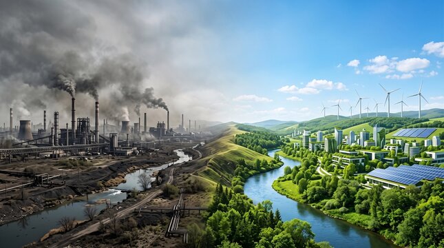 Split Environmental Landscape Showing Air Pollution and Clean Air Transformation