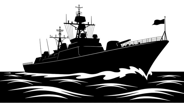 A close-up photograph of a naval ship with a flag sailing on choppy waters