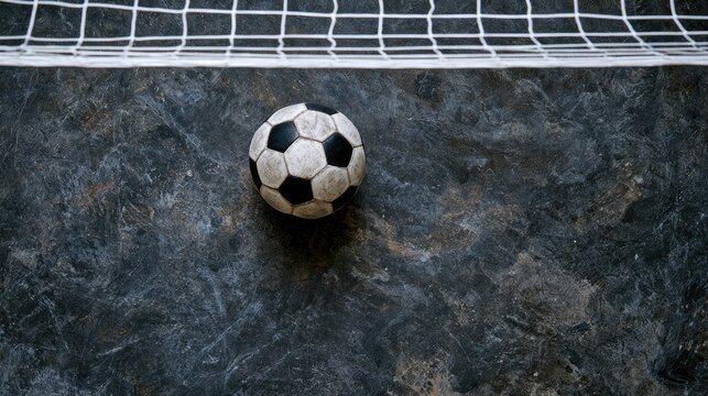 A weathered soccer ball rests on a textured surface near a white net